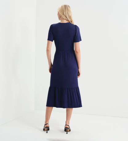 Edith Navy Jersey Button-Through V Neck Tiered Midi Dress