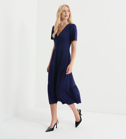 Edith Navy Jersey Button-Through V Neck Tiered Midi Dress