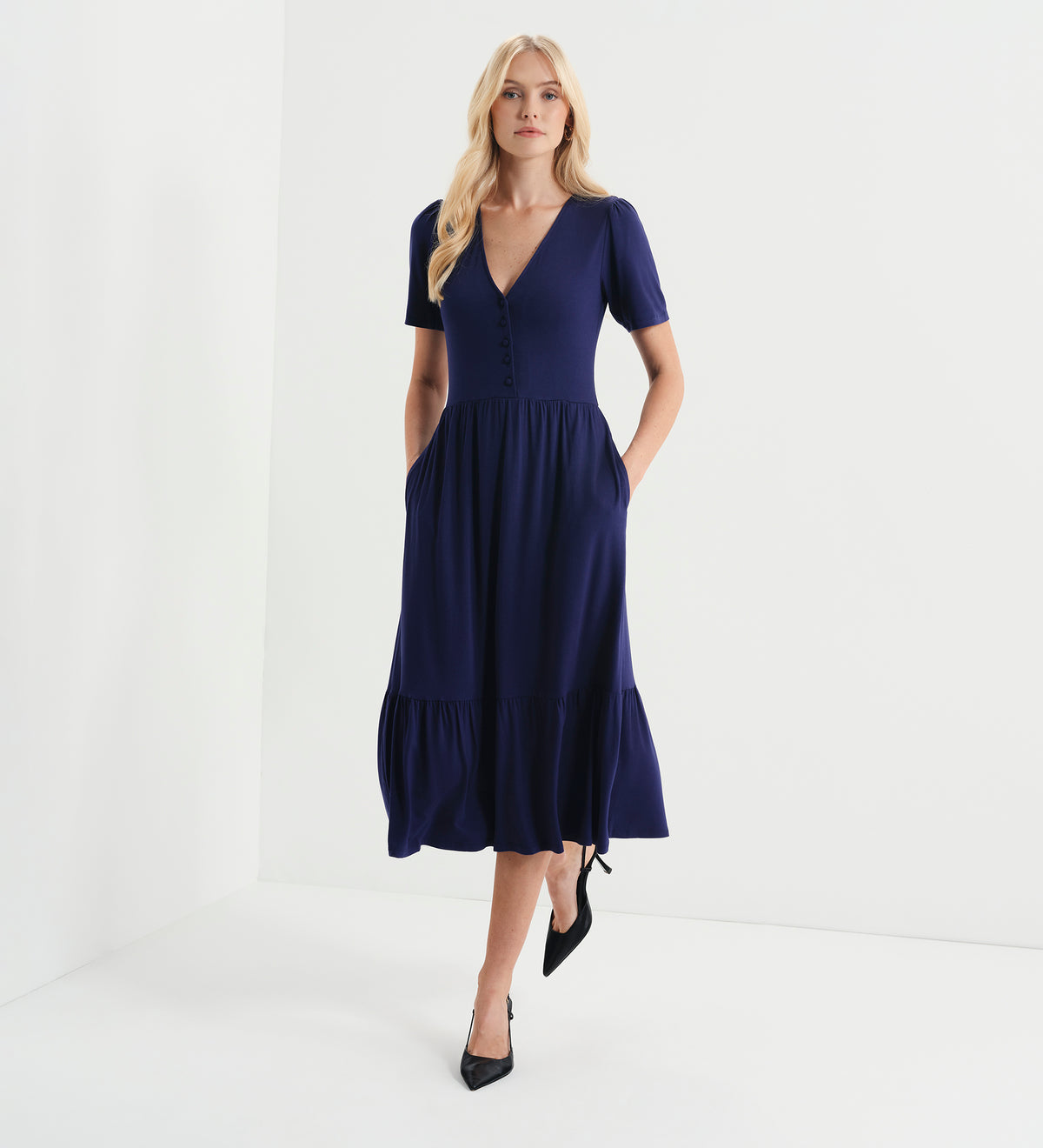 Edith Navy Jersey Button-Through V Neck Tiered Midi Dress