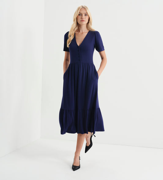 Edith Navy Jersey Button-Through V Neck Tiered Midi Dress