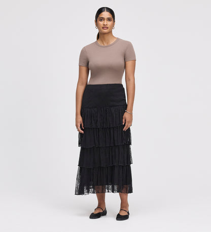 Elisa Black Mesh Midi Tiered Skirt