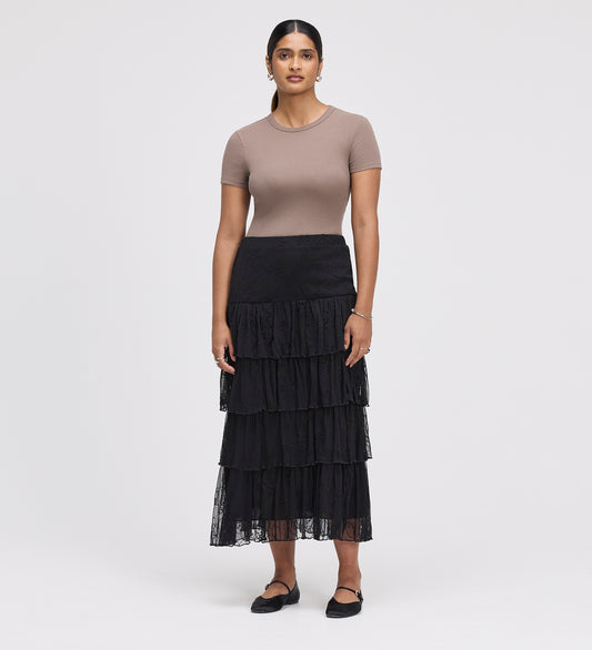 Elisa Black Mesh Midi Tiered Skirt