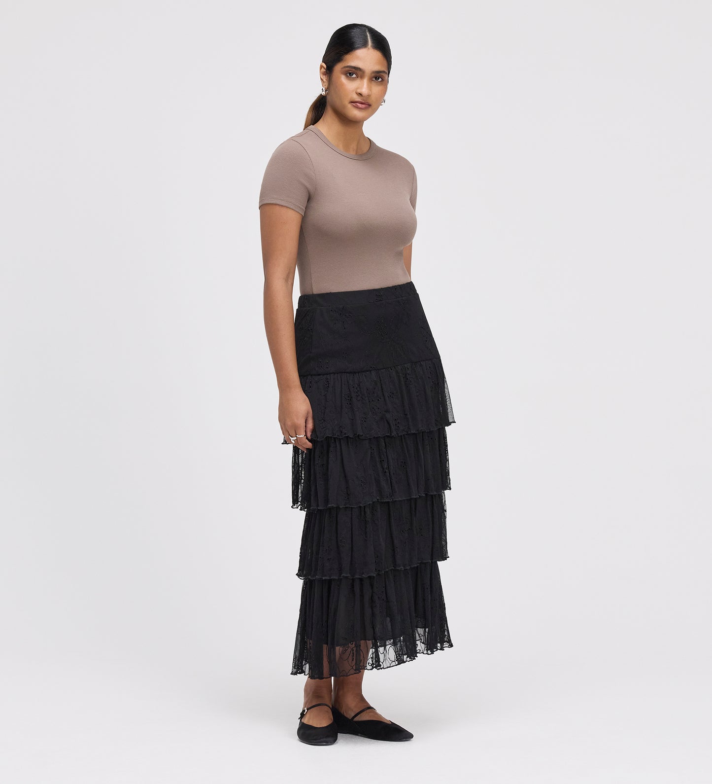 Elisa Black Mesh Midi Tiered Skirt