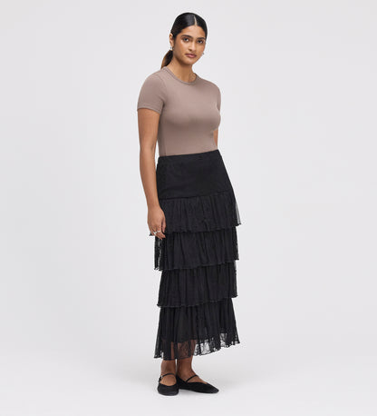 Elisa Black Mesh Midi Tiered Skirt