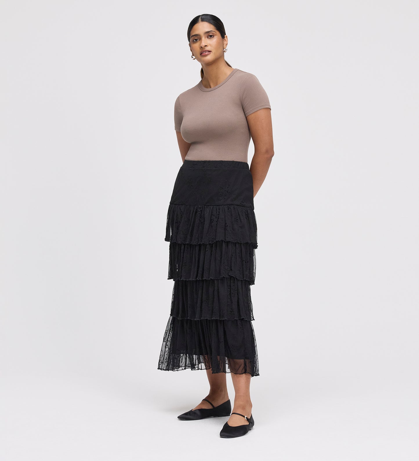 Elisa Black Mesh Midi Tiered Skirt