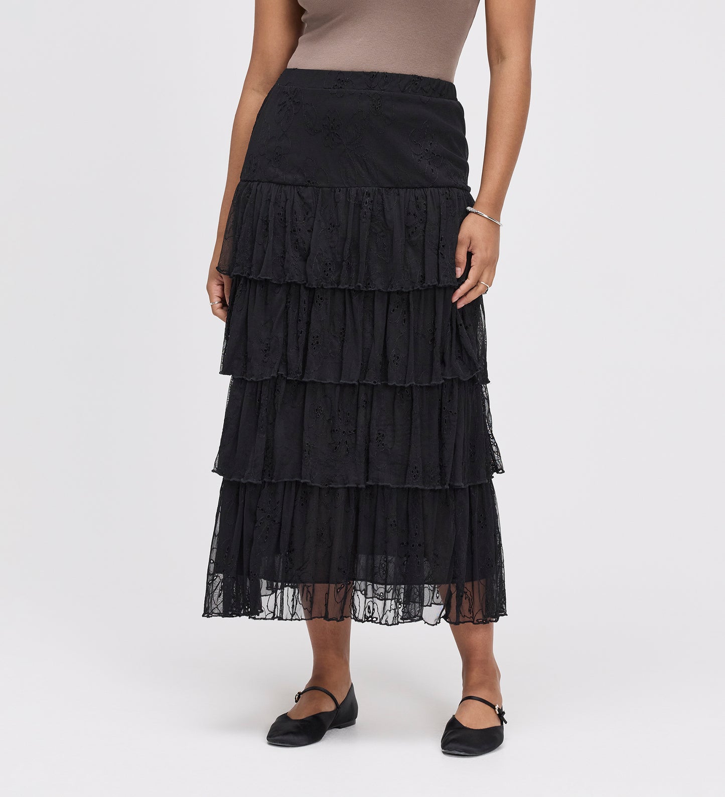 Elisa Black Mesh Midi Tiered Skirt