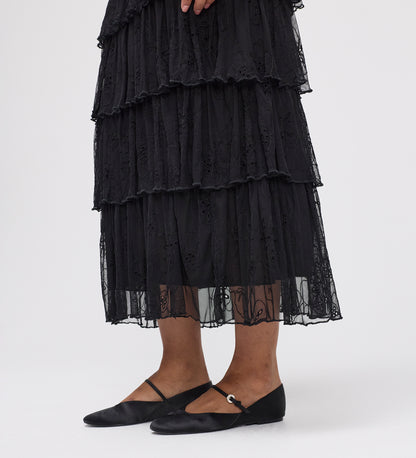 Elisa Black Mesh Midi Tiered Skirt