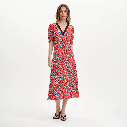 Elish Red Ditsy Lace Trim Puff Sleeve Midi Dress