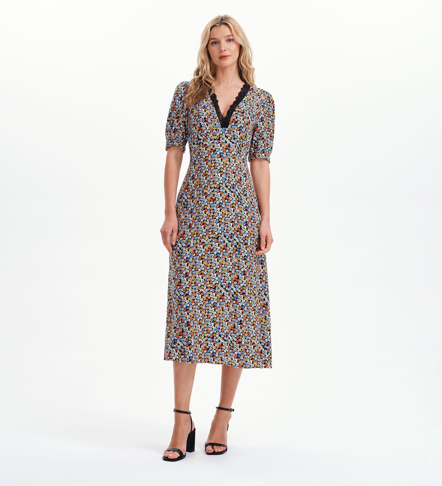 Elish Black Ditsy Lace Trim Puff Sleeve Midi Dress
