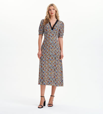 Elish Black Ditsy Lace Trim Puff Sleeve Midi Dress