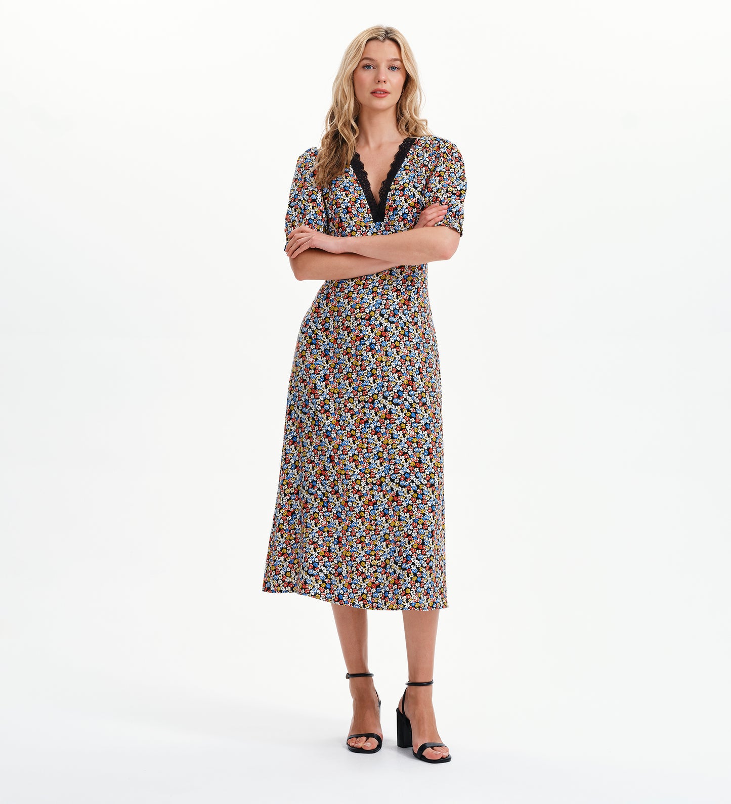 Elish Black Ditsy Lace Trim Puff Sleeve Midi Dress