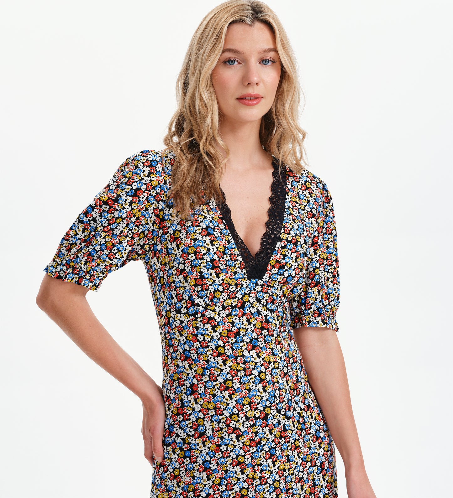 Elish Black Ditsy Lace Trim Puff Sleeve Midi Dress