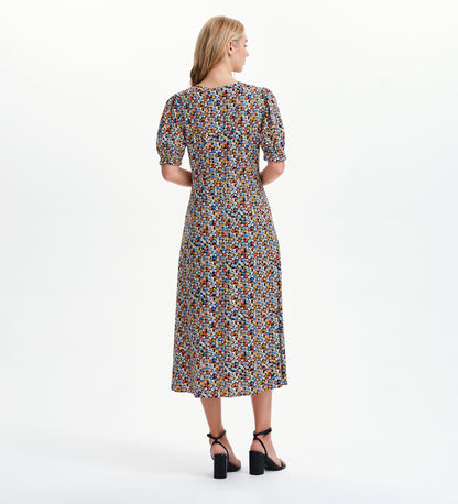 Elish Black Ditsy Lace Trim Puff Sleeve Midi Dress