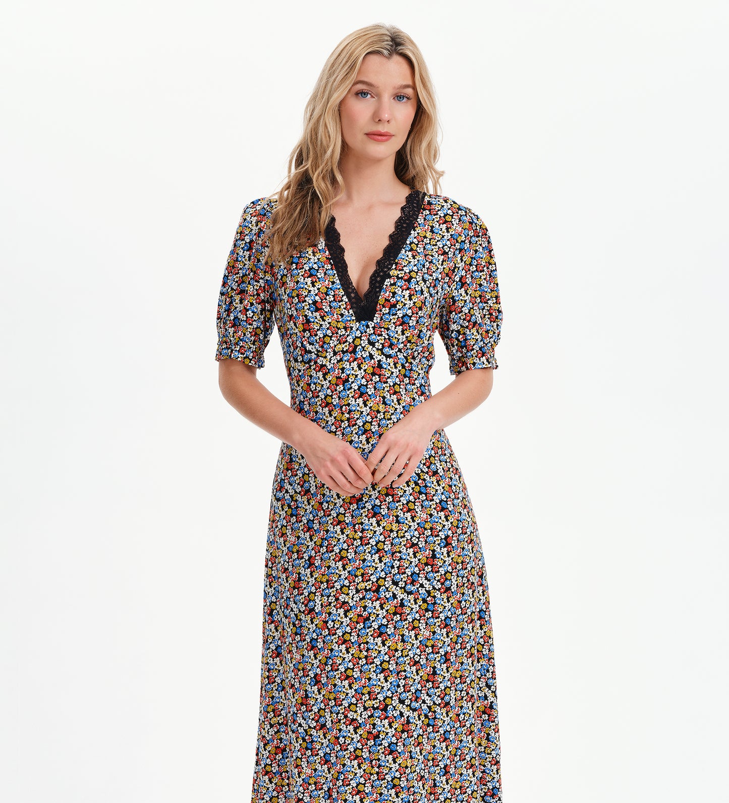 Elish Black Ditsy Lace Trim Puff Sleeve Midi Dress