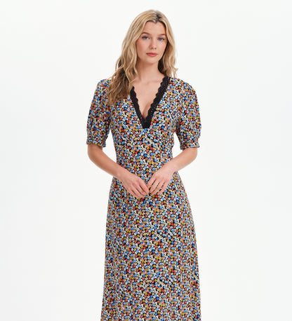 Elish Black Ditsy Lace Trim Puff Sleeve Midi Dress