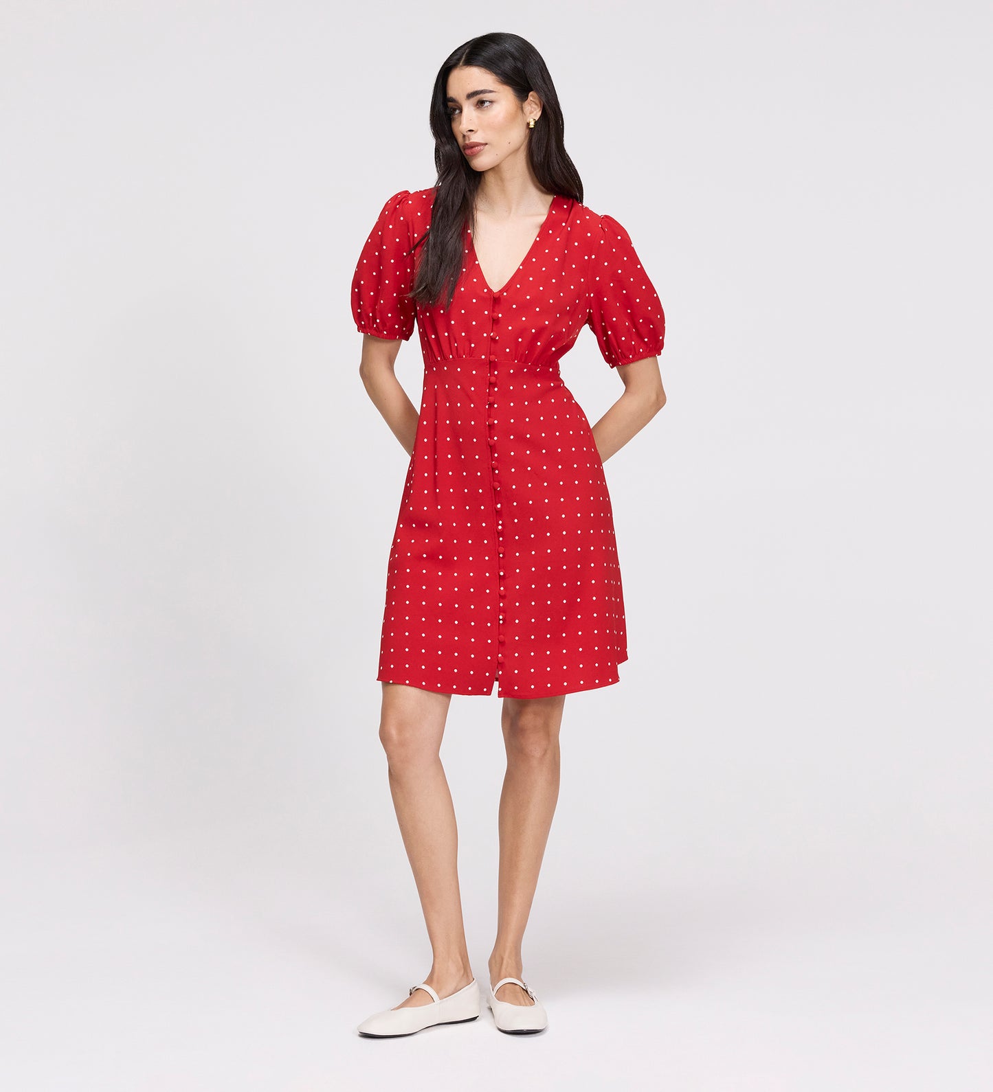 Ensley Red Polka Dot Button Through Short Dress