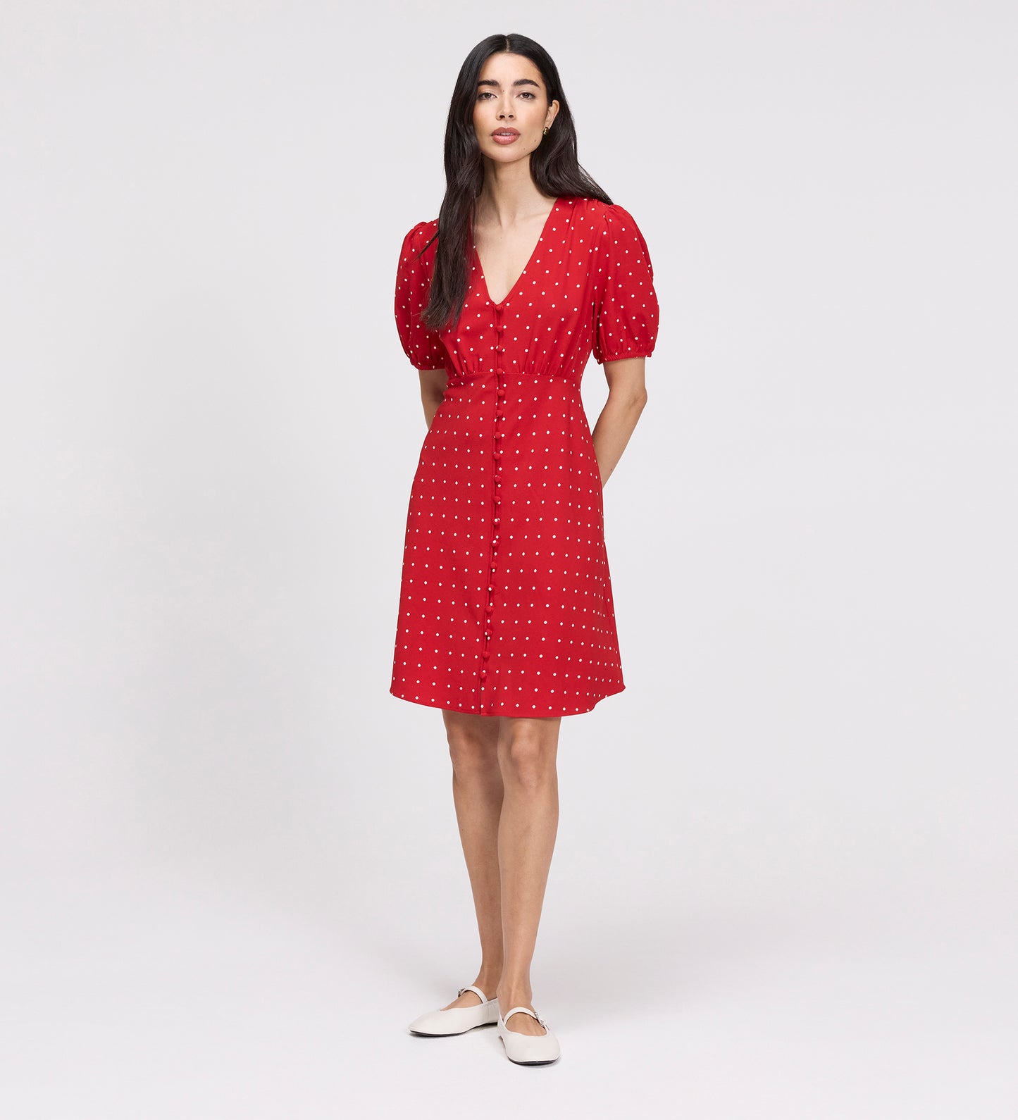 Ensley Red Polka Dot Button Through Short Dress