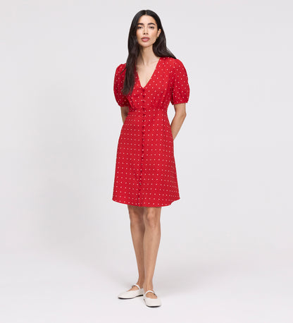 Ensley Red Polka Dot Button Through Short Dress
