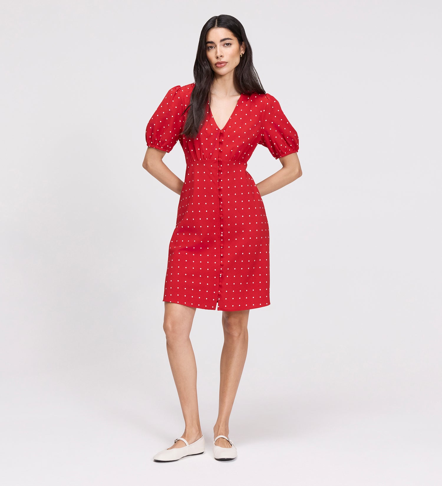 Ensley Red Polka Dot Button Through Short Dress