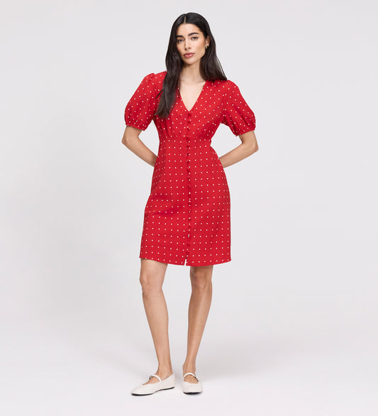 Ensley Red Polka Dot Button Through Short Dress