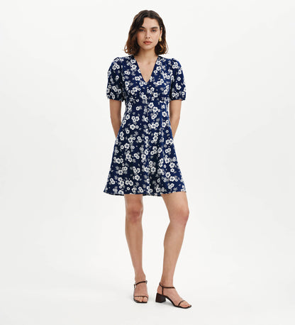 Ensley Navy Floral Puff Sleeve Empire Waist Short Dress