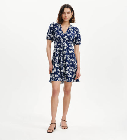 Ensley Navy Floral Puff Sleeve Empire Waist Short Dress