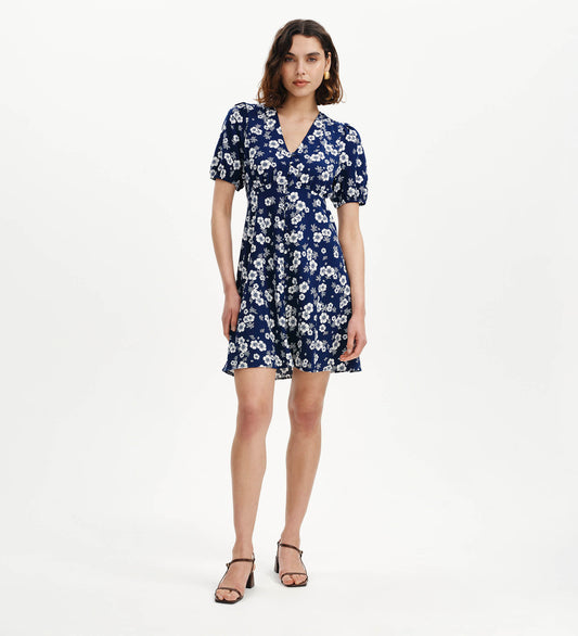 Ensley Navy Floral Puff Sleeve Empire Waist Short Dress