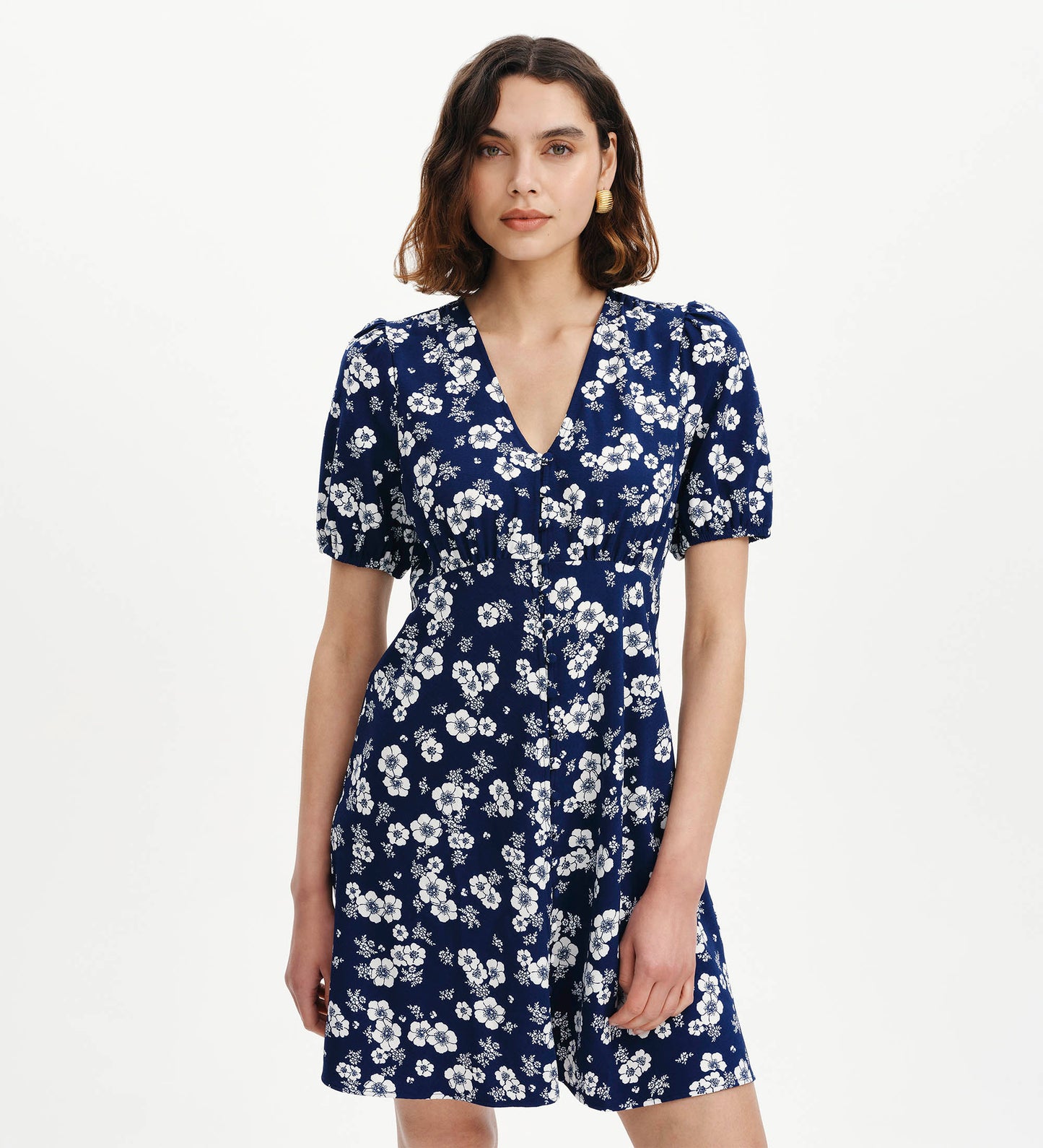 Ensley Navy Floral Puff Sleeve Empire Waist Short Dress
