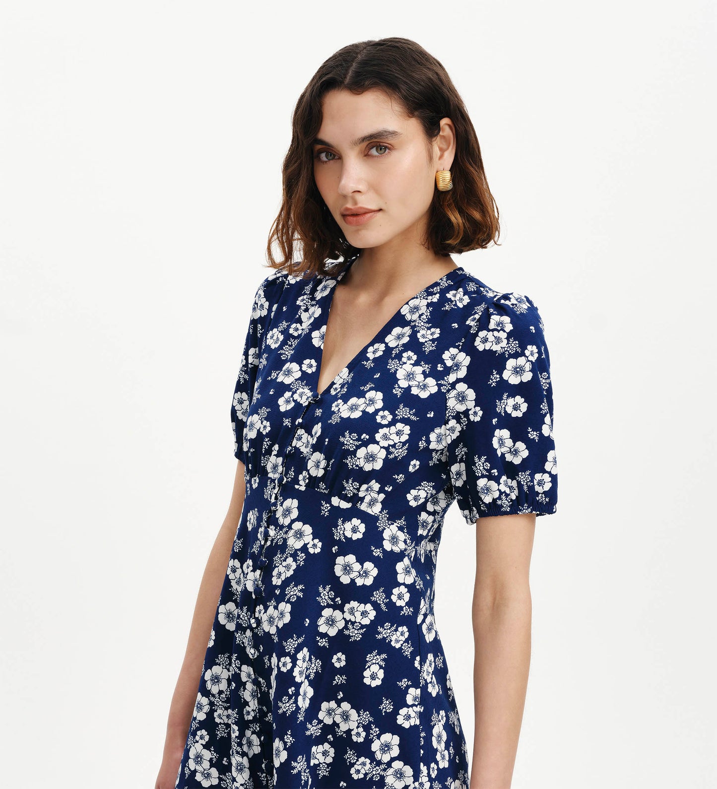 Ensley Navy Floral Puff Sleeve Empire Waist Short Dress