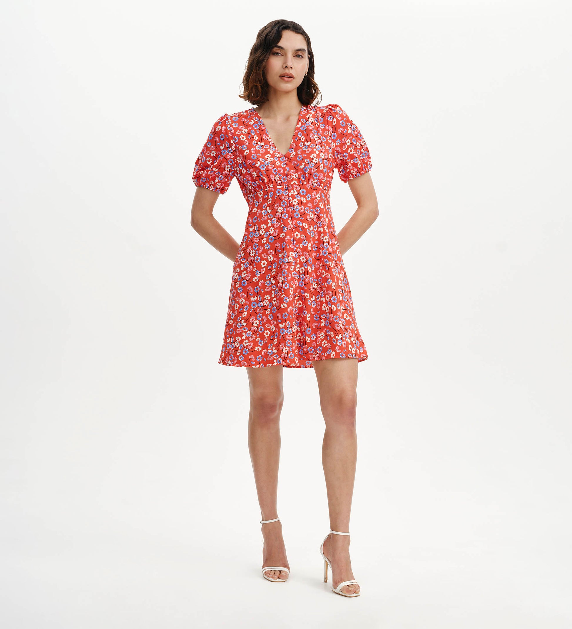 Ensley Red Daisy Puff Sleeve Empire Waist Short Dress – Finery London