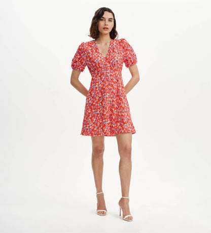 Ensley Red Daisy Puff Sleeve Empire Waist Short Dress
