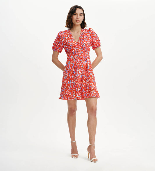 Ensley Red Daisy Puff Sleeve Empire Waist Short Dress