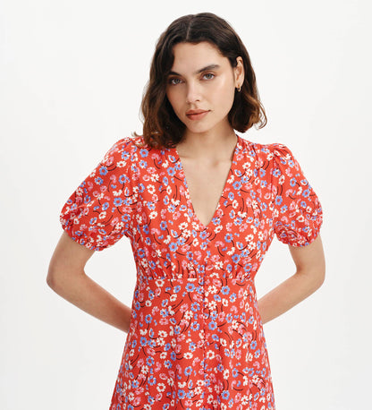 Ensley Red Daisy Puff Sleeve Empire Waist Short Dress