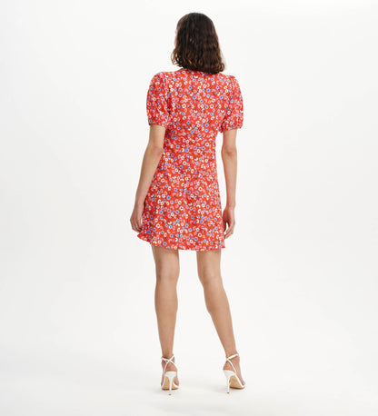 Ensley Red Daisy Puff Sleeve Empire Waist Short Dress