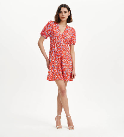 Ensley Red Daisy Puff Sleeve Empire Waist Short Dress