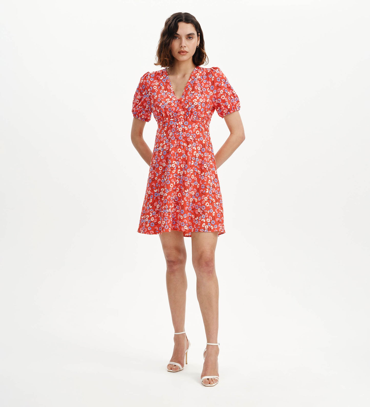 Ensley Red Daisy Puff Sleeve Empire Waist Short Dress