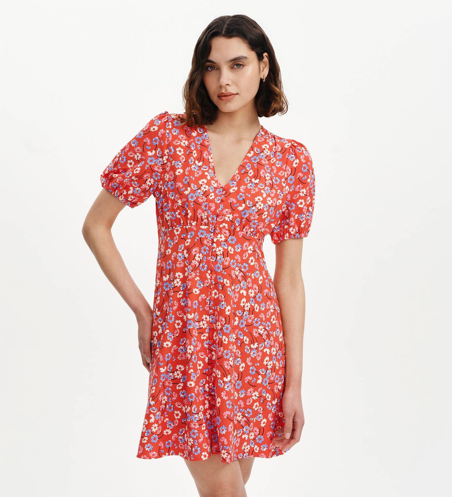 Ensley Red Daisy Puff Sleeve Empire Waist Short Dress