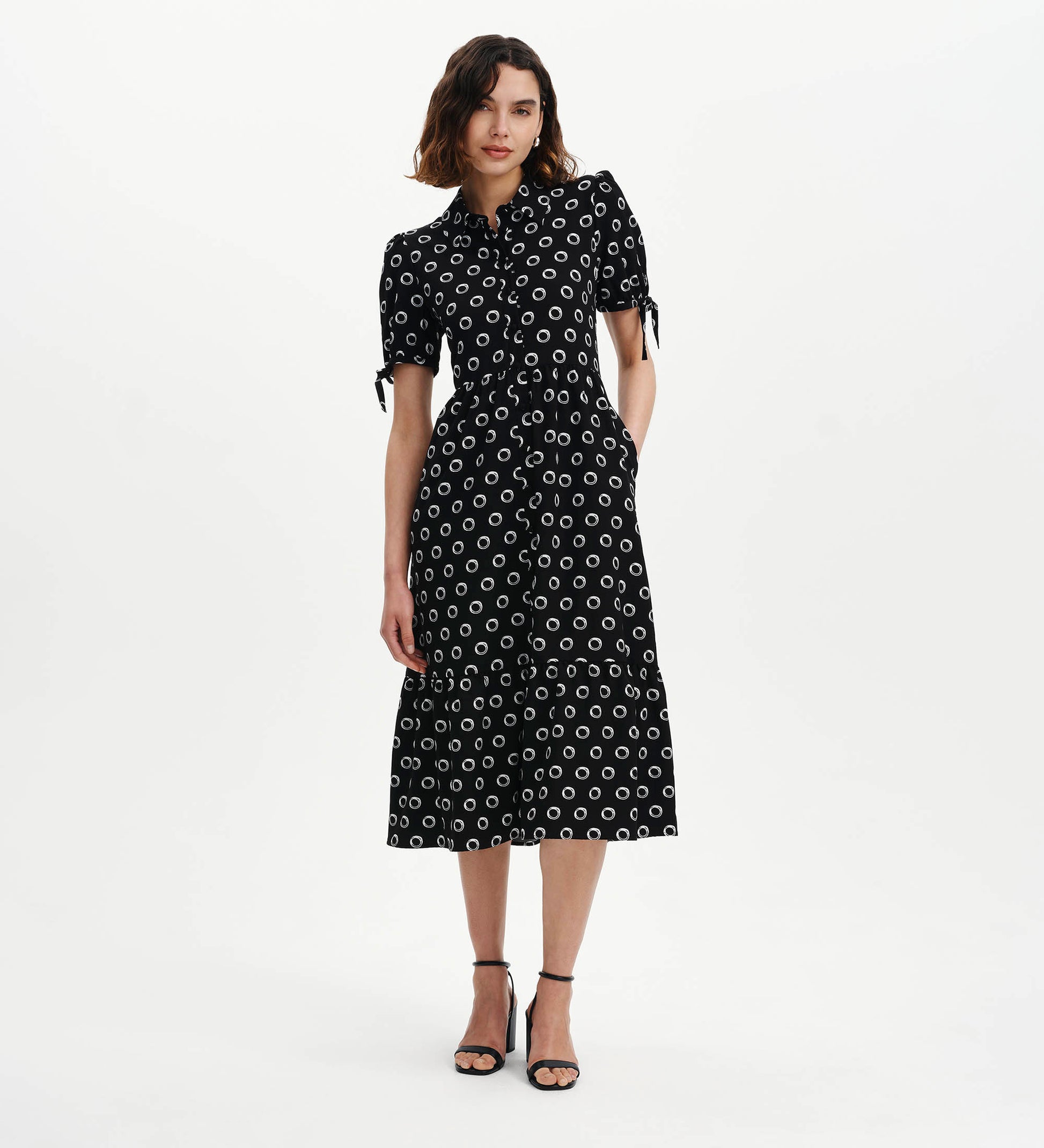 Estee Black Polka Dot Tiered Midi Shirt Dress