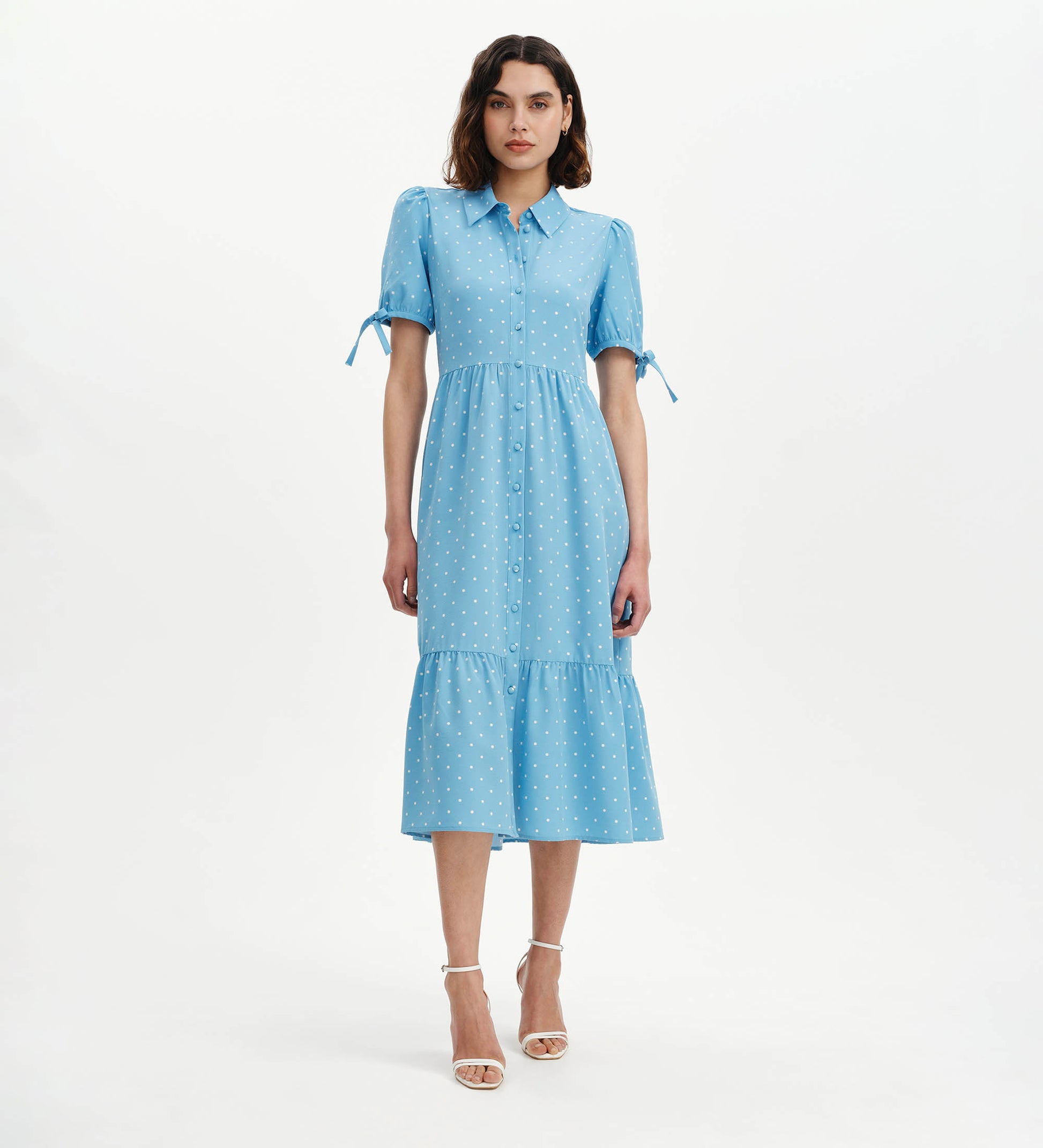 Estee Blue Polka Dot Tiered Midi Shirt Dress