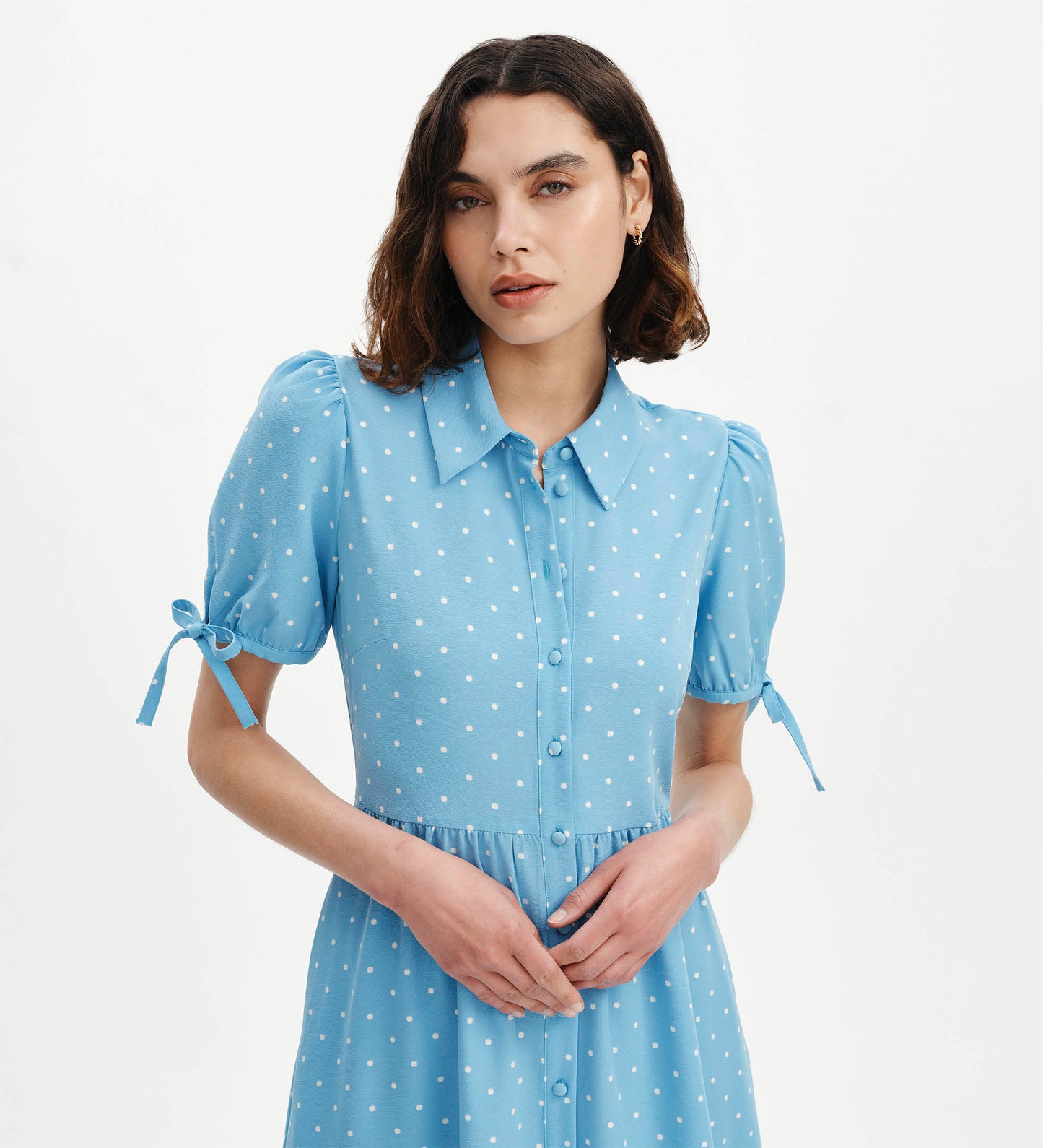 Estee Blue Polka Dot Tiered Midi Shirt Dress – Finery London