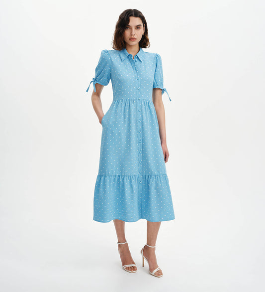 Estee Blue Polka Dot Tiered Midi Shirt Dress
