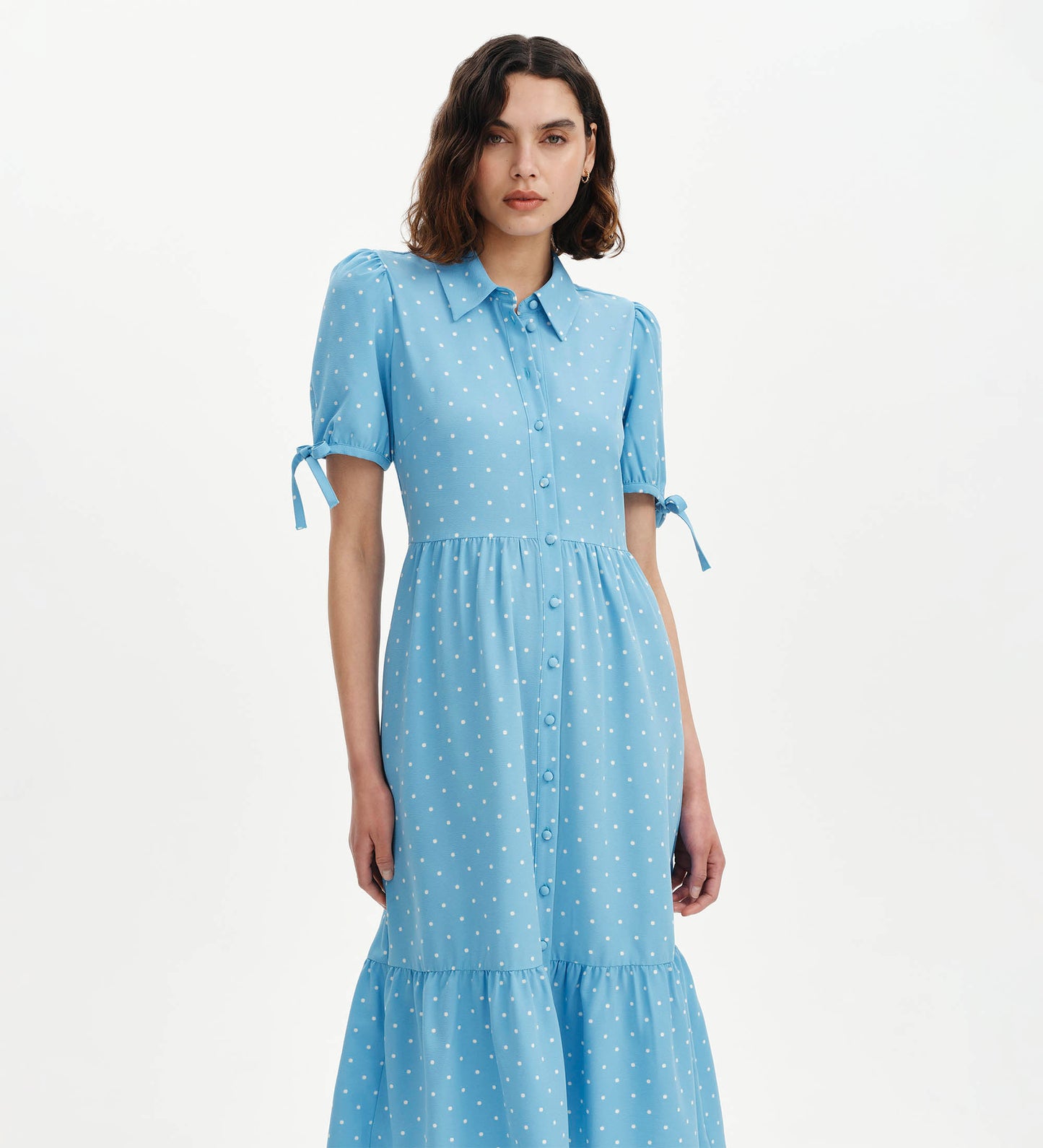 Estee Blue Polka Dot Tiered Midi Shirt Dress