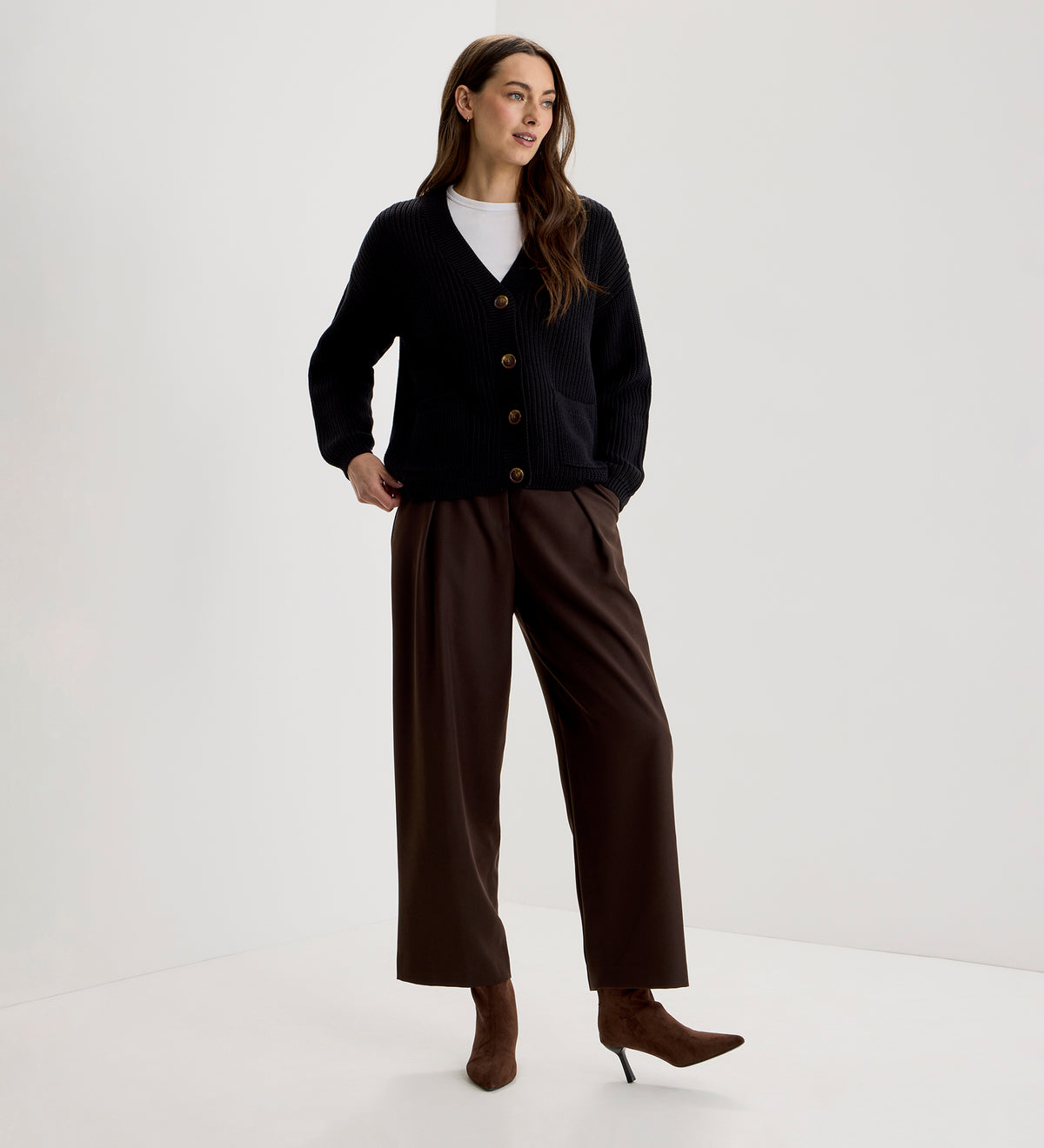 Estella Black Organic Cotton V Neck Button-Through Cardigan