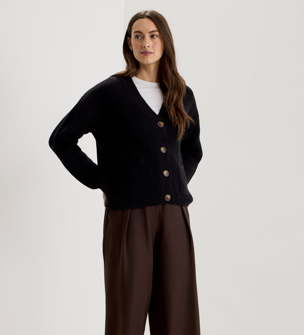 Estella Black Organic Cotton V Neck Button-Through Cardigan