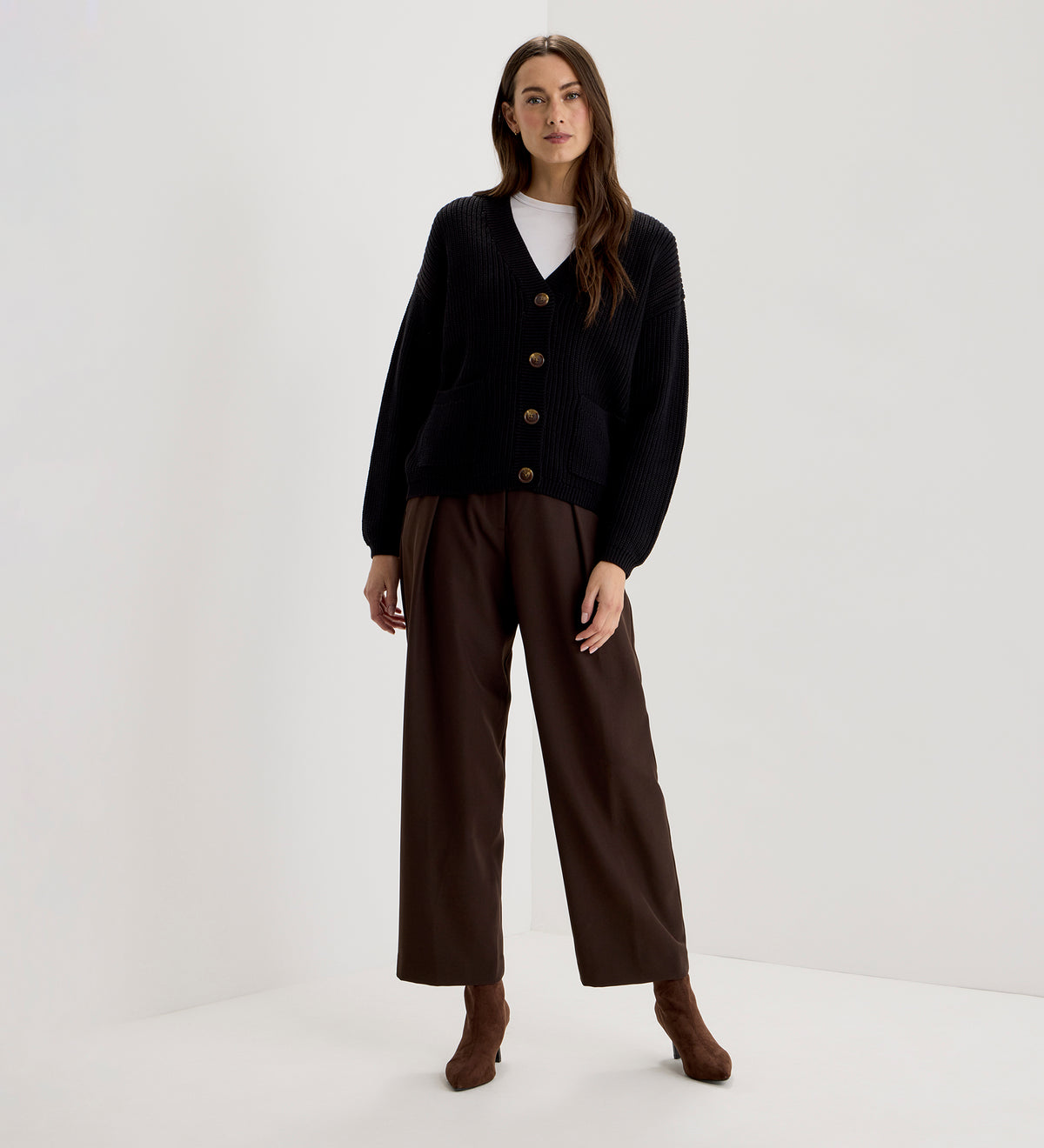 Estella Black Organic Cotton V Neck Button-Through Cardigan