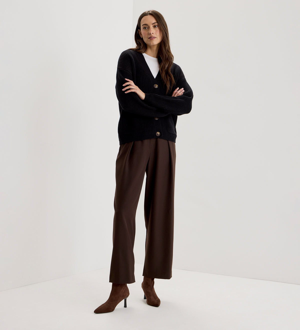 Estella Black Organic Cotton V Neck Button-Through Cardigan