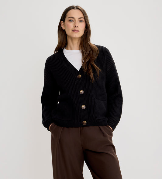 Estella Black Organic Cotton V Neck Button-Through Cardigan