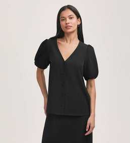 Fleur Black Crepe Short Sleeve Button Up Blouse – Finery London