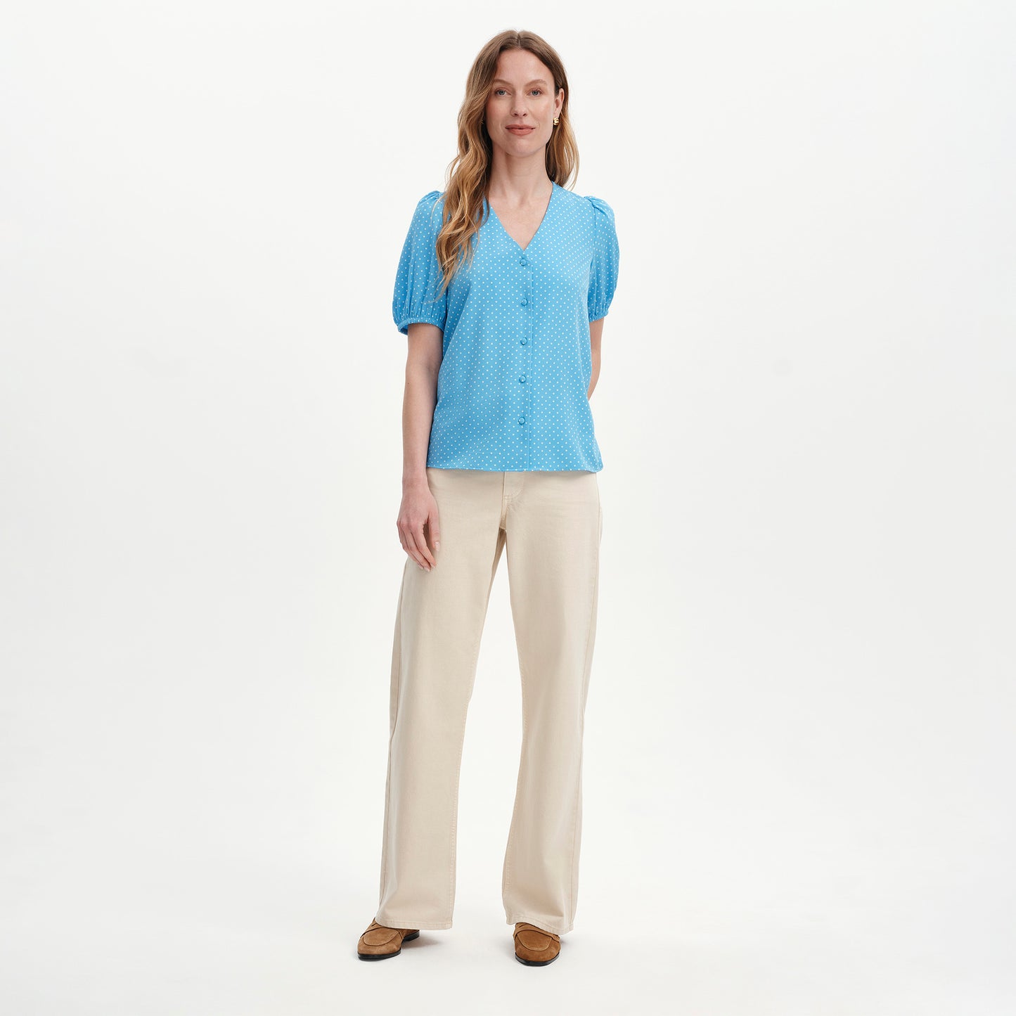 Fleur Blue Polka Dot Puff Sleeve Button-Through Top