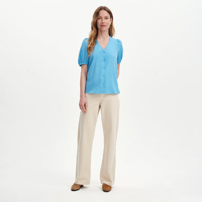 Fleur Blue Polka Dot Puff Sleeve Button-Through Top